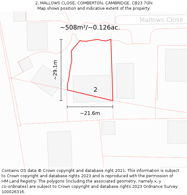 2, MALLOWS CLOSE, COMBERTON, CAMBRIDGE, CB23 7GN: Plot and title map