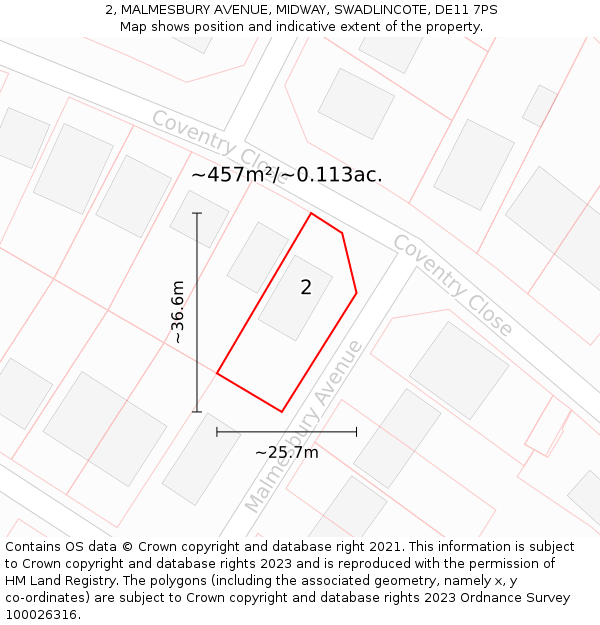 2, MALMESBURY AVENUE, MIDWAY, SWADLINCOTE, DE11 7PS: Plot and title map