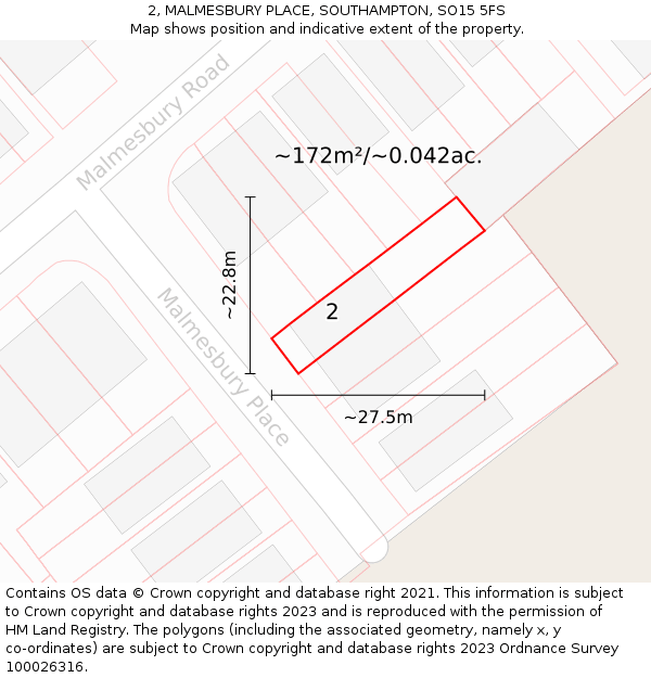 2, MALMESBURY PLACE, SOUTHAMPTON, SO15 5FS: Plot and title map