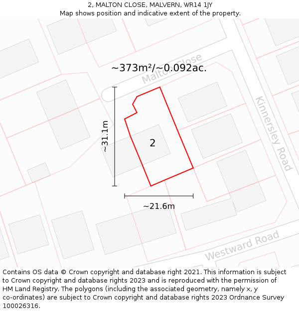 2, MALTON CLOSE, MALVERN, WR14 1JY: Plot and title map