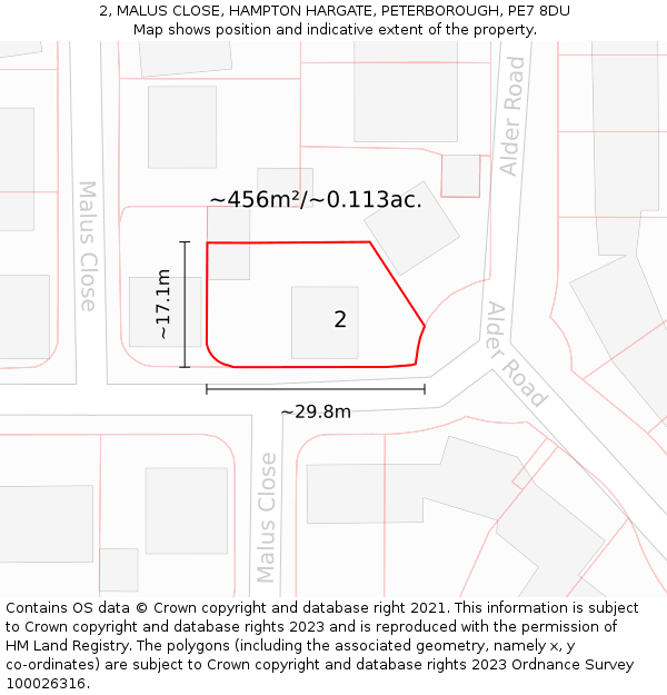 2, MALUS CLOSE, HAMPTON HARGATE, PETERBOROUGH, PE7 8DU: Plot and title map