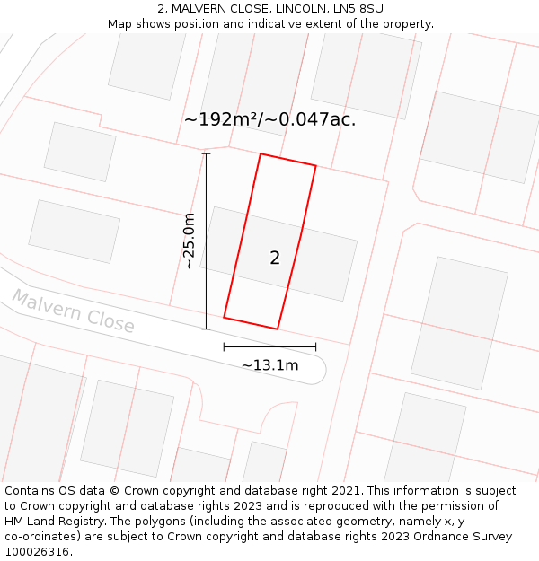 2, MALVERN CLOSE, LINCOLN, LN5 8SU: Plot and title map