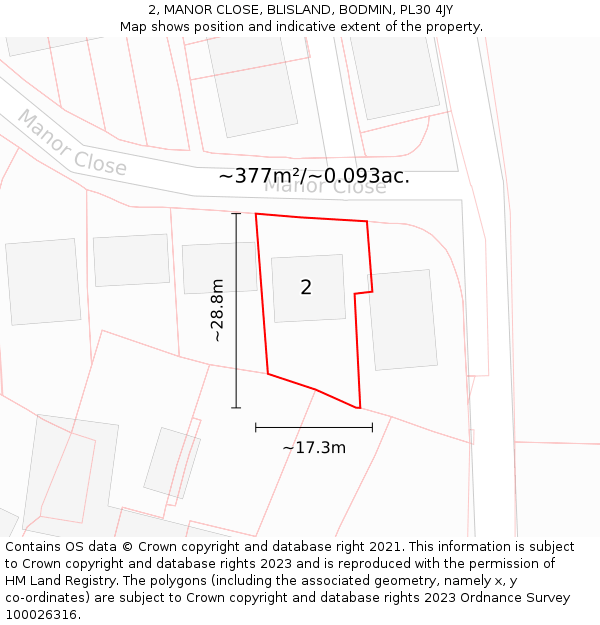 2, MANOR CLOSE, BLISLAND, BODMIN, PL30 4JY: Plot and title map