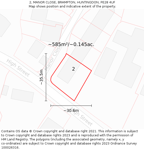 2, MANOR CLOSE, BRAMPTON, HUNTINGDON, PE28 4UF: Plot and title map