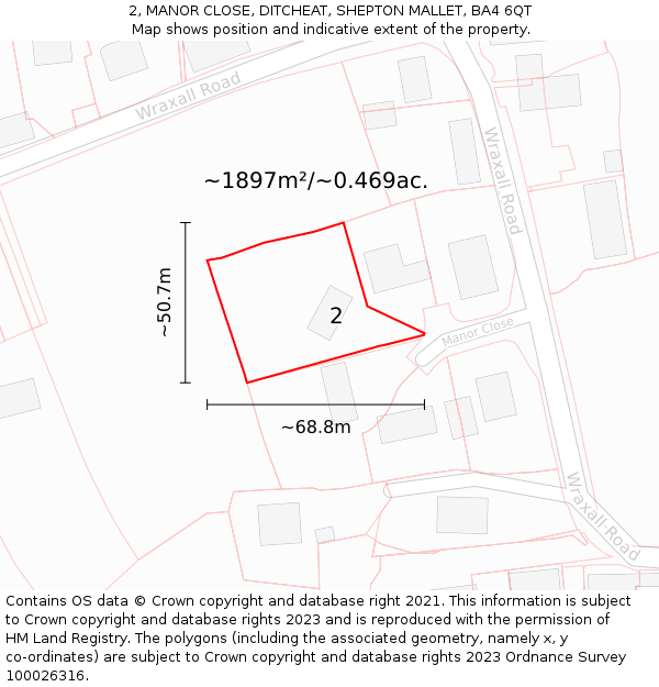 2, MANOR CLOSE, DITCHEAT, SHEPTON MALLET, BA4 6QT: Plot and title map