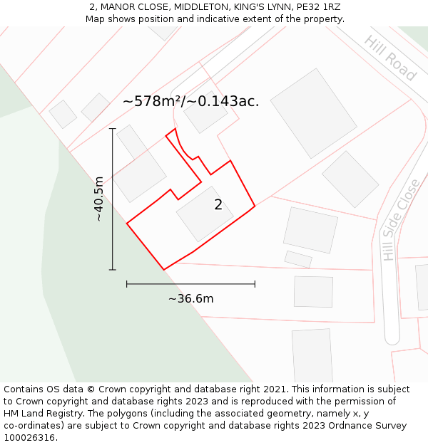 2, MANOR CLOSE, MIDDLETON, KING'S LYNN, PE32 1RZ: Plot and title map