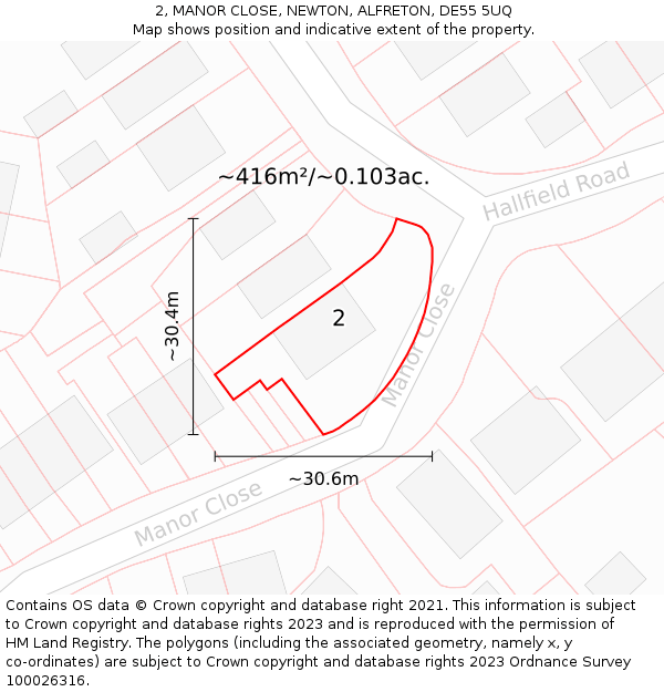 2, MANOR CLOSE, NEWTON, ALFRETON, DE55 5UQ: Plot and title map