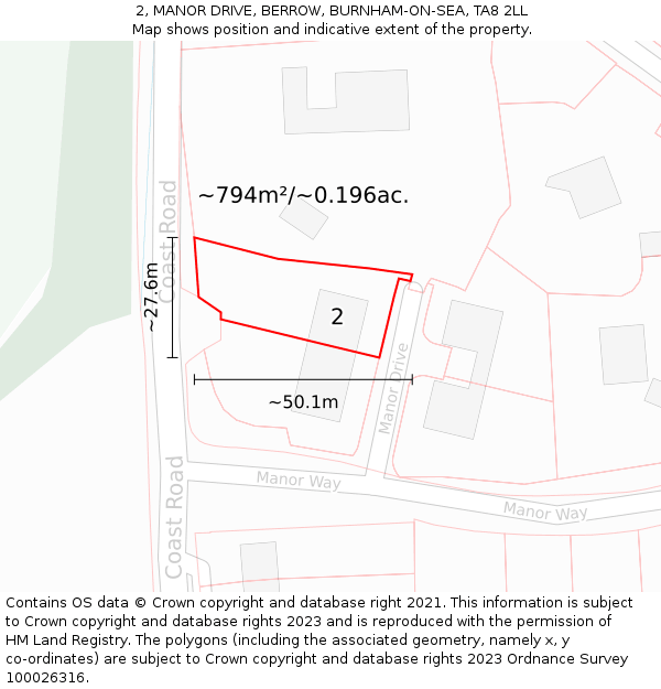 2, MANOR DRIVE, BERROW, BURNHAM-ON-SEA, TA8 2LL: Plot and title map