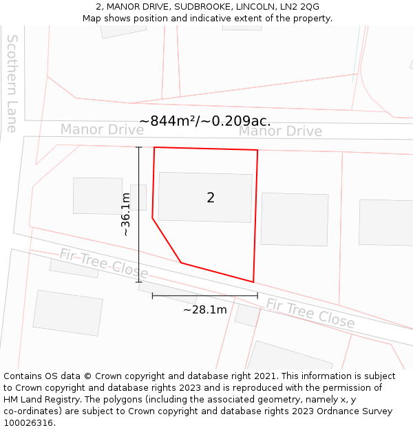 2, MANOR DRIVE, SUDBROOKE, LINCOLN, LN2 2QG: Plot and title map