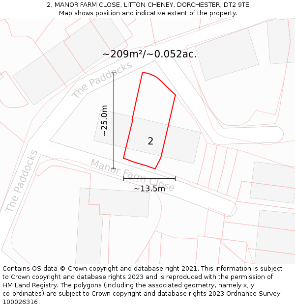2, MANOR FARM CLOSE, LITTON CHENEY, DORCHESTER, DT2 9TE: Plot and title map