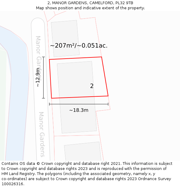 2, MANOR GARDENS, CAMELFORD, PL32 9TB: Plot and title map
