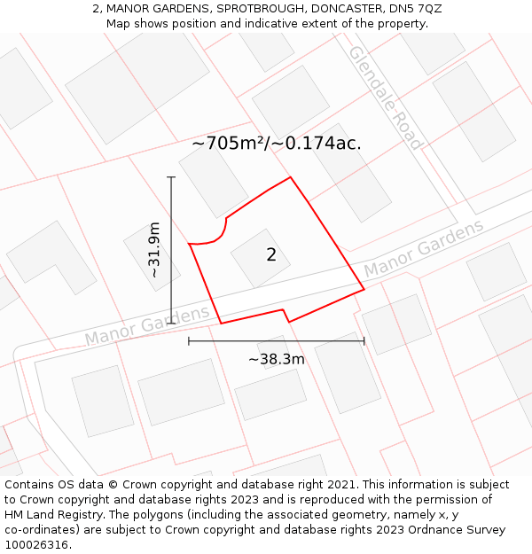 2, MANOR GARDENS, SPROTBROUGH, DONCASTER, DN5 7QZ: Plot and title map