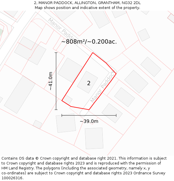2, MANOR PADDOCK, ALLINGTON, GRANTHAM, NG32 2DL: Plot and title map