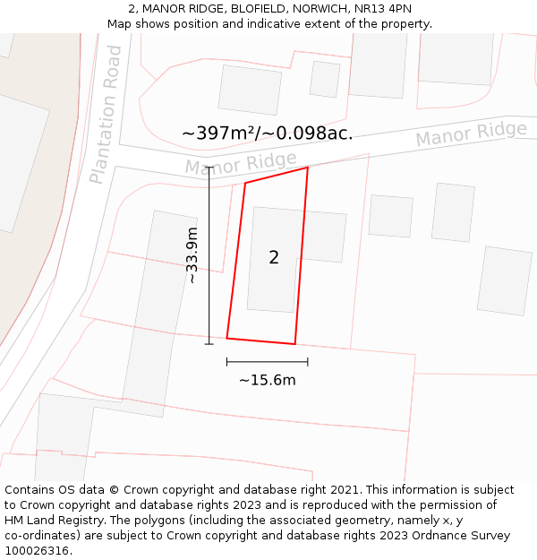 2, MANOR RIDGE, BLOFIELD, NORWICH, NR13 4PN: Plot and title map