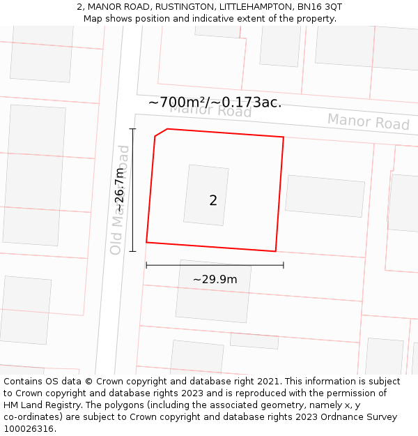 2, MANOR ROAD, RUSTINGTON, LITTLEHAMPTON, BN16 3QT: Plot and title map