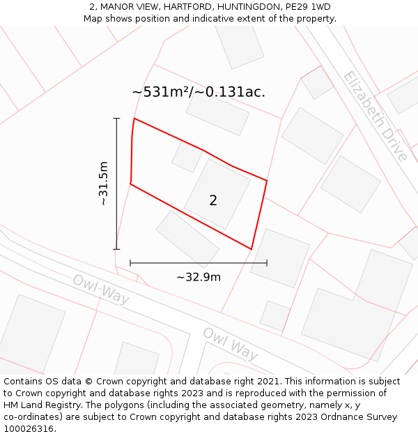 2, MANOR VIEW, HARTFORD, HUNTINGDON, PE29 1WD: Plot and title map