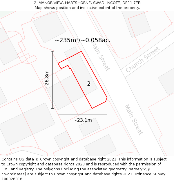 2, MANOR VIEW, HARTSHORNE, SWADLINCOTE, DE11 7EB: Plot and title map