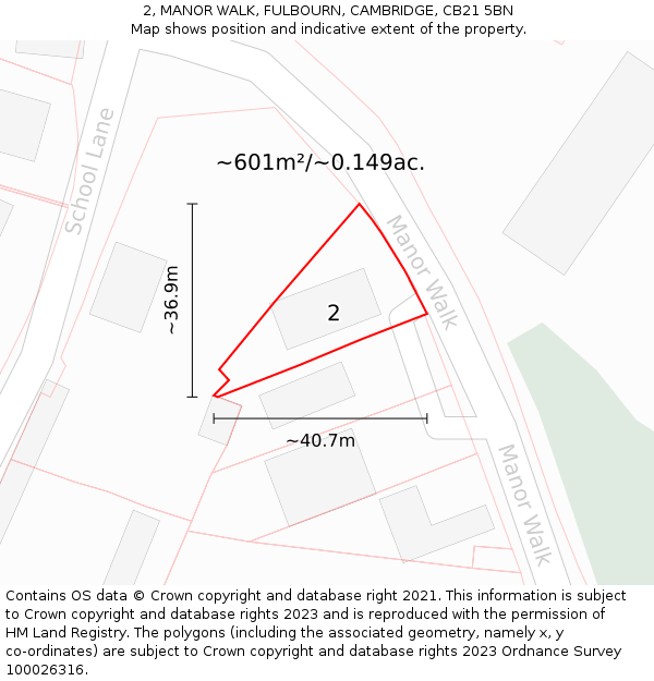 2, MANOR WALK, FULBOURN, CAMBRIDGE, CB21 5BN: Plot and title map