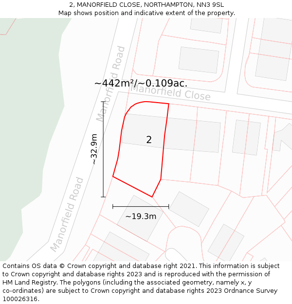 2, MANORFIELD CLOSE, NORTHAMPTON, NN3 9SL: Plot and title map