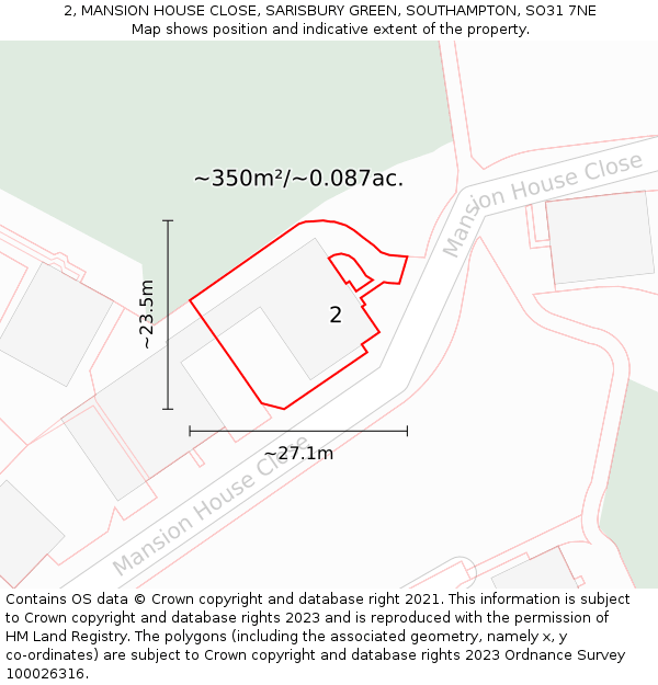2, MANSION HOUSE CLOSE, SARISBURY GREEN, SOUTHAMPTON, SO31 7NE: Plot and title map