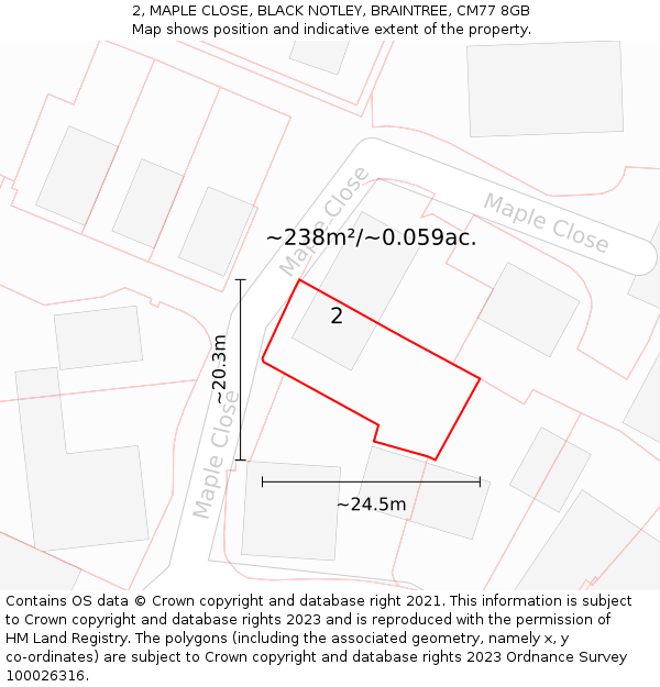 2, MAPLE CLOSE, BLACK NOTLEY, BRAINTREE, CM77 8GB: Plot and title map