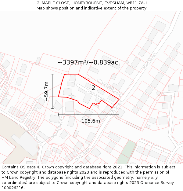 2, MAPLE CLOSE, HONEYBOURNE, EVESHAM, WR11 7AU: Plot and title map