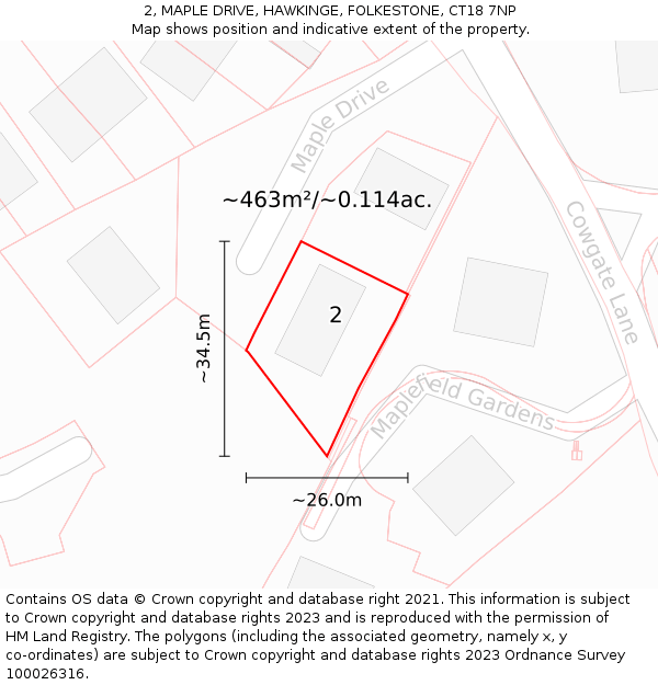2, MAPLE DRIVE, HAWKINGE, FOLKESTONE, CT18 7NP: Plot and title map
