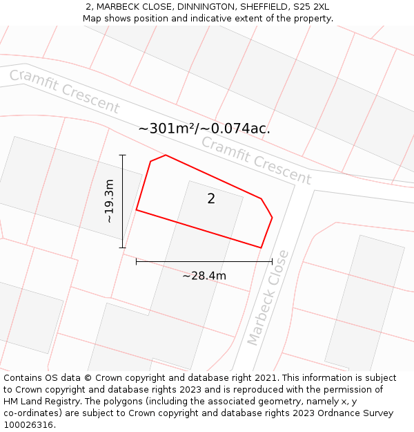 2, MARBECK CLOSE, DINNINGTON, SHEFFIELD, S25 2XL: Plot and title map
