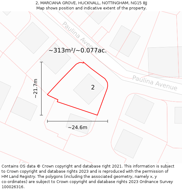2, MARCIANA GROVE, HUCKNALL, NOTTINGHAM, NG15 8JJ: Plot and title map