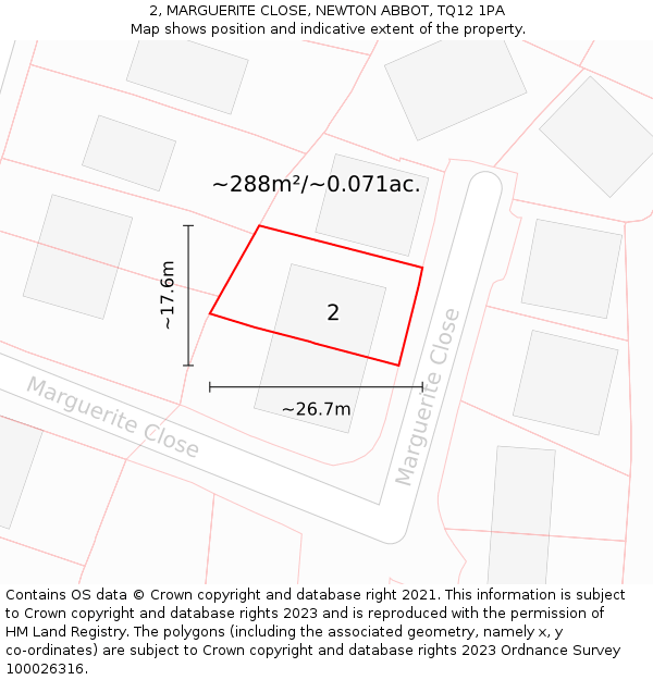 2, MARGUERITE CLOSE, NEWTON ABBOT, TQ12 1PA: Plot and title map