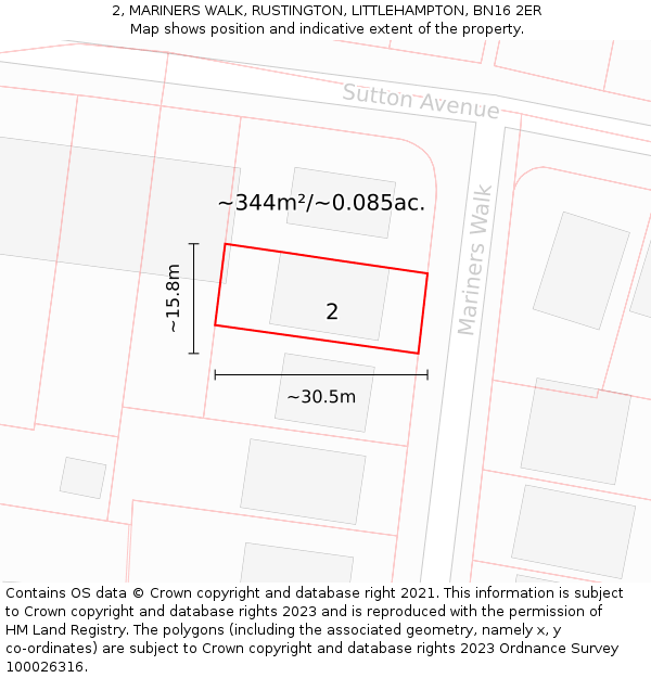 2, MARINERS WALK, RUSTINGTON, LITTLEHAMPTON, BN16 2ER: Plot and title map