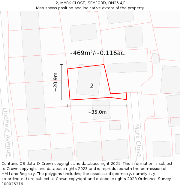 2, MARK CLOSE, SEAFORD, BN25 4JF: Plot and title map