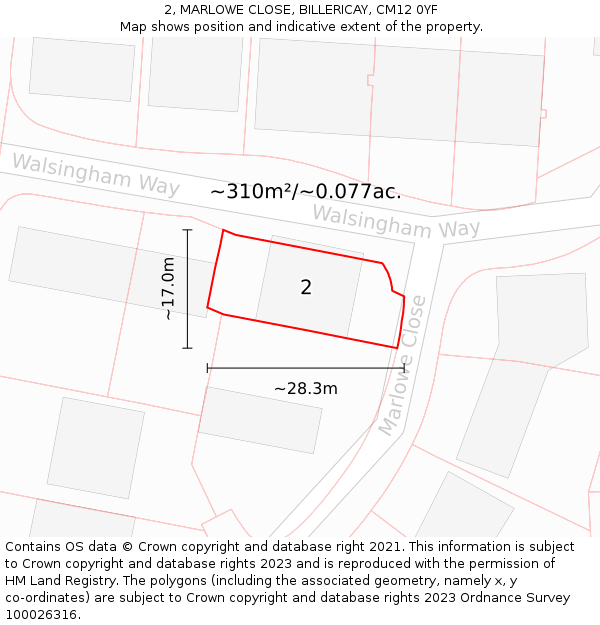 2, MARLOWE CLOSE, BILLERICAY, CM12 0YF: Plot and title map