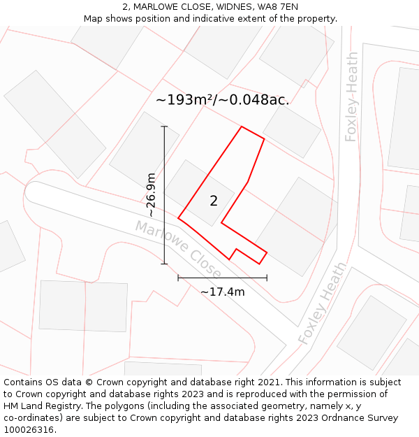 2, MARLOWE CLOSE, WIDNES, WA8 7EN: Plot and title map