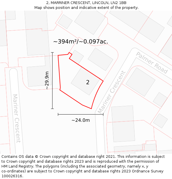 2, MARRINER CRESCENT, LINCOLN, LN2 1BB: Plot and title map