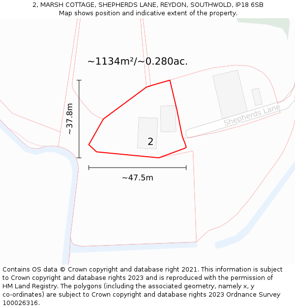 2, MARSH COTTAGE, SHEPHERDS LANE, REYDON, SOUTHWOLD, IP18 6SB: Plot and title map