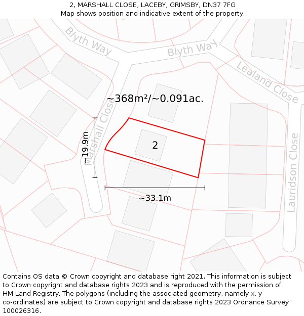 2, MARSHALL CLOSE, LACEBY, GRIMSBY, DN37 7FG: Plot and title map