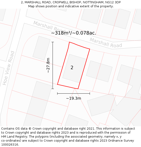 2, MARSHALL ROAD, CROPWELL BISHOP, NOTTINGHAM, NG12 3DP: Plot and title map