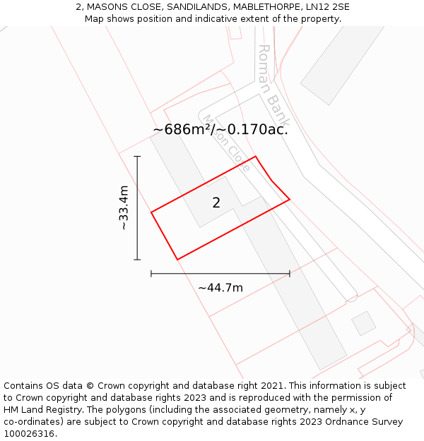 2, MASONS CLOSE, SANDILANDS, MABLETHORPE, LN12 2SE: Plot and title map