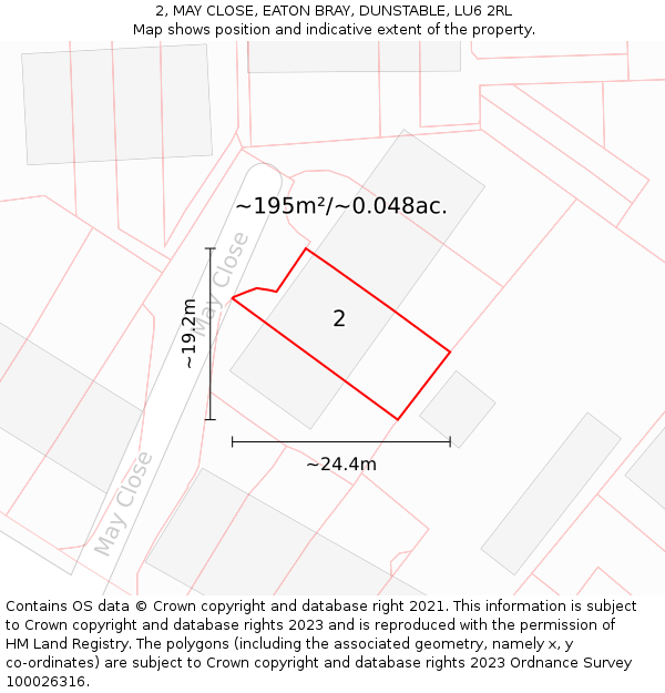 2, MAY CLOSE, EATON BRAY, DUNSTABLE, LU6 2RL: Plot and title map