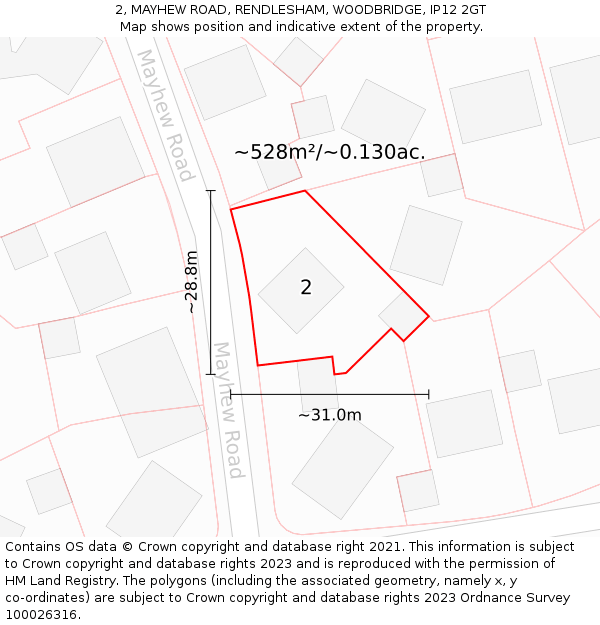 2, MAYHEW ROAD, RENDLESHAM, WOODBRIDGE, IP12 2GT: Plot and title map
