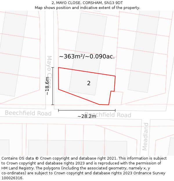 2, MAYO CLOSE, CORSHAM, SN13 9DT: Plot and title map