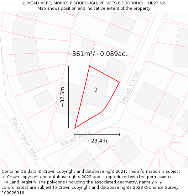 2, MEAD ACRE, MONKS RISBOROUGH, PRINCES RISBOROUGH, HP27 9JN: Plot and title map