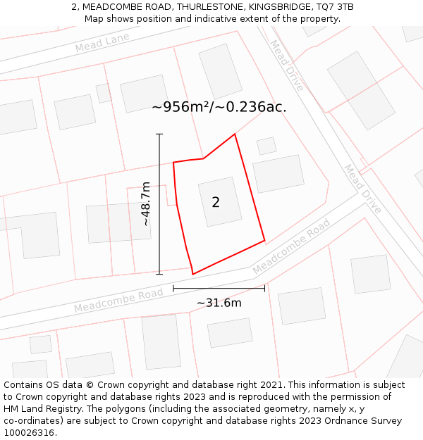 2, MEADCOMBE ROAD, THURLESTONE, KINGSBRIDGE, TQ7 3TB: Plot and title map