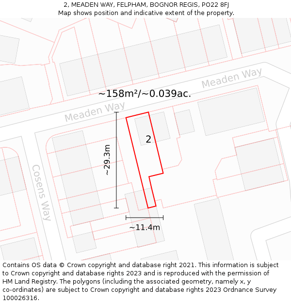2, MEADEN WAY, FELPHAM, BOGNOR REGIS, PO22 8FJ: Plot and title map