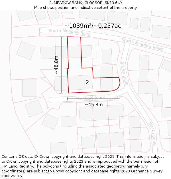 2, MEADOW BANK, GLOSSOP, SK13 6UY: Plot and title map