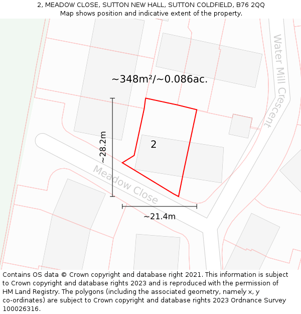 2, MEADOW CLOSE, SUTTON NEW HALL, SUTTON COLDFIELD, B76 2QQ: Plot and title map