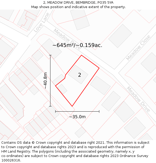 2, MEADOW DRIVE, BEMBRIDGE, PO35 5YA: Plot and title map
