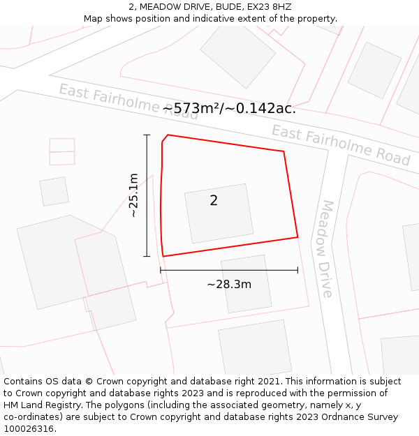 2, MEADOW DRIVE, BUDE, EX23 8HZ: Plot and title map