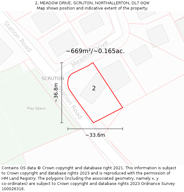 2, MEADOW DRIVE, SCRUTON, NORTHALLERTON, DL7 0QW: Plot and title map